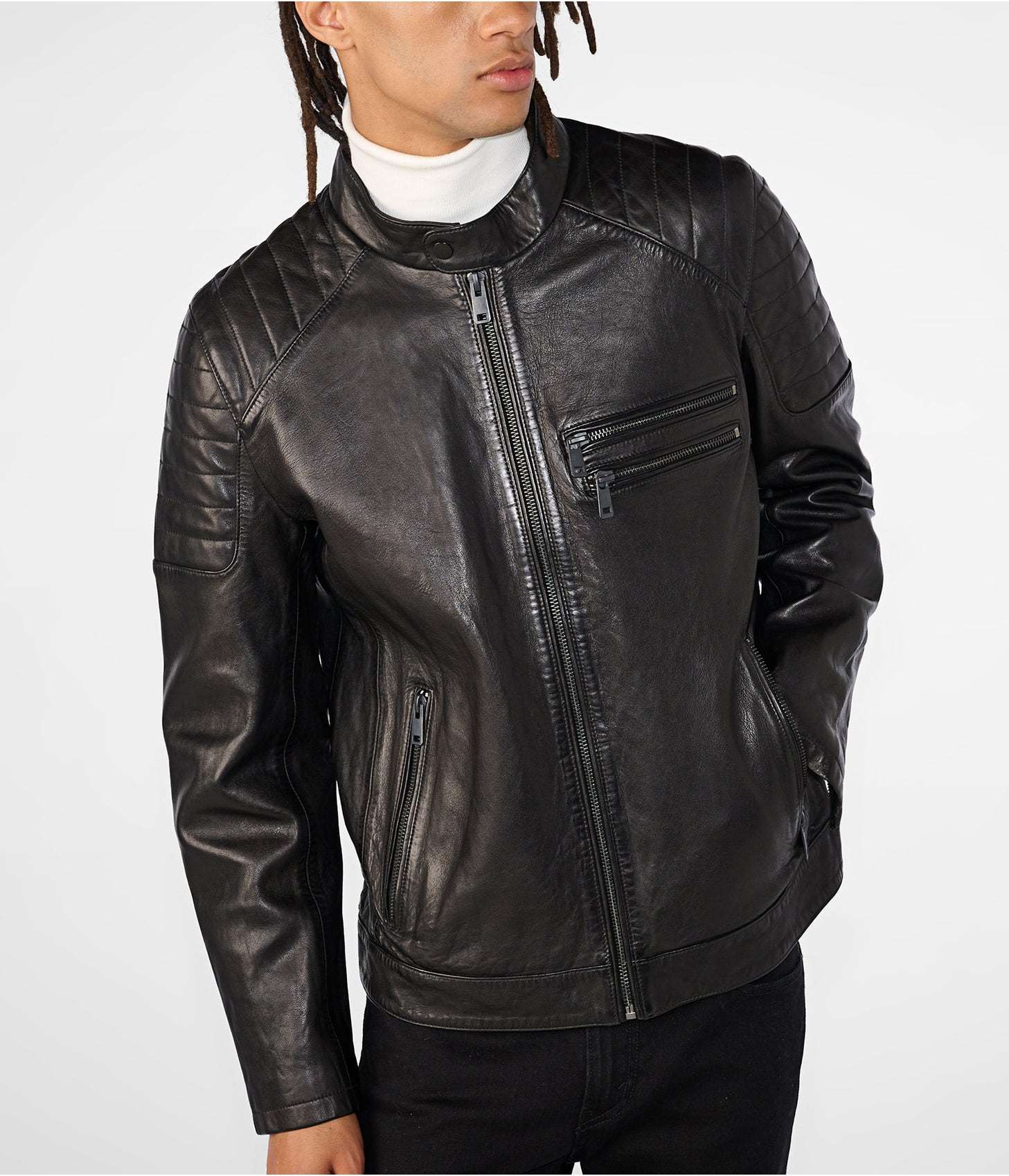 Men's Black Leather Biker Café Racer Jacket