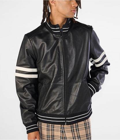 Men's Black Leather Bomber Jacket with Stripes