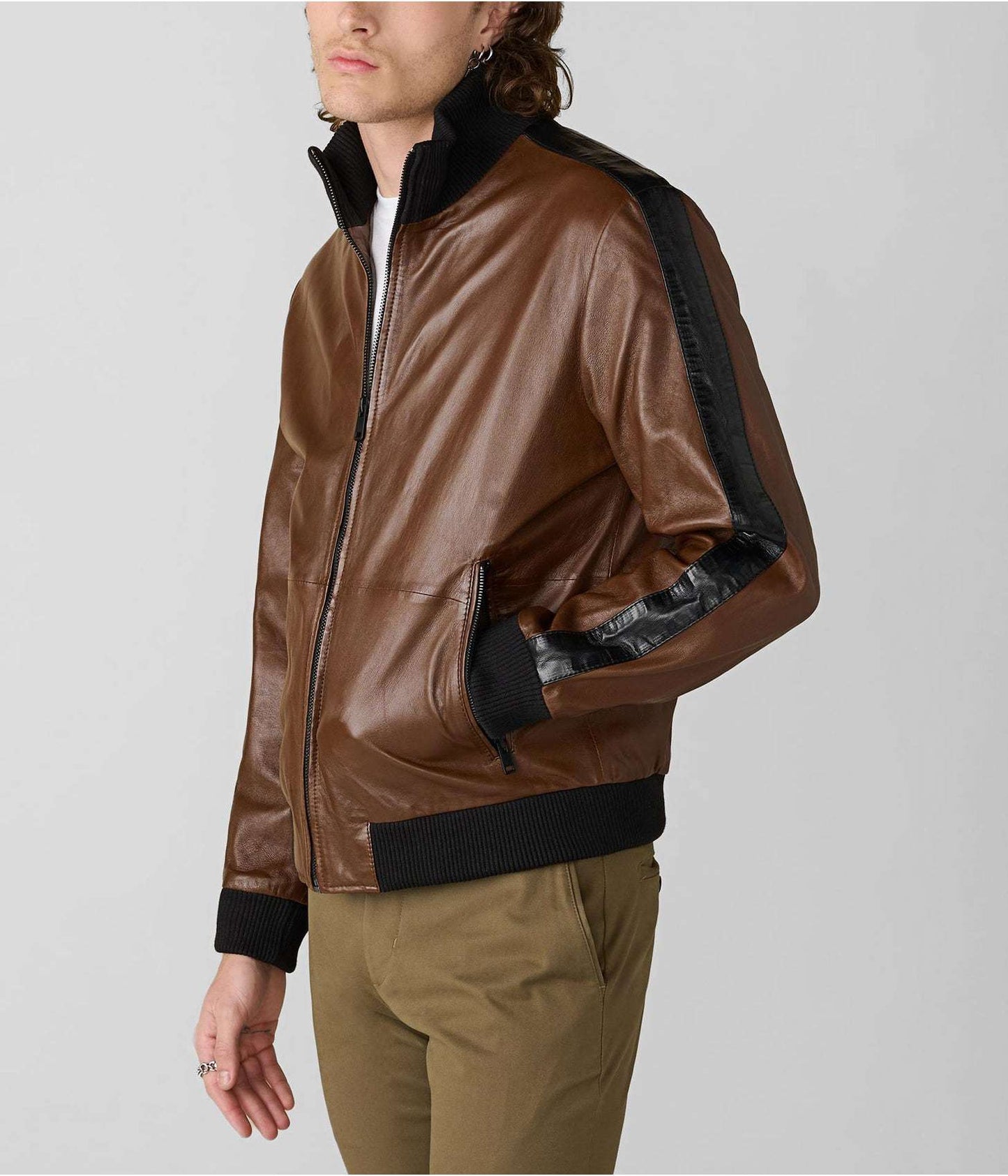 Men's Chocolate Brown Leather Bomber Jacket with Stripes