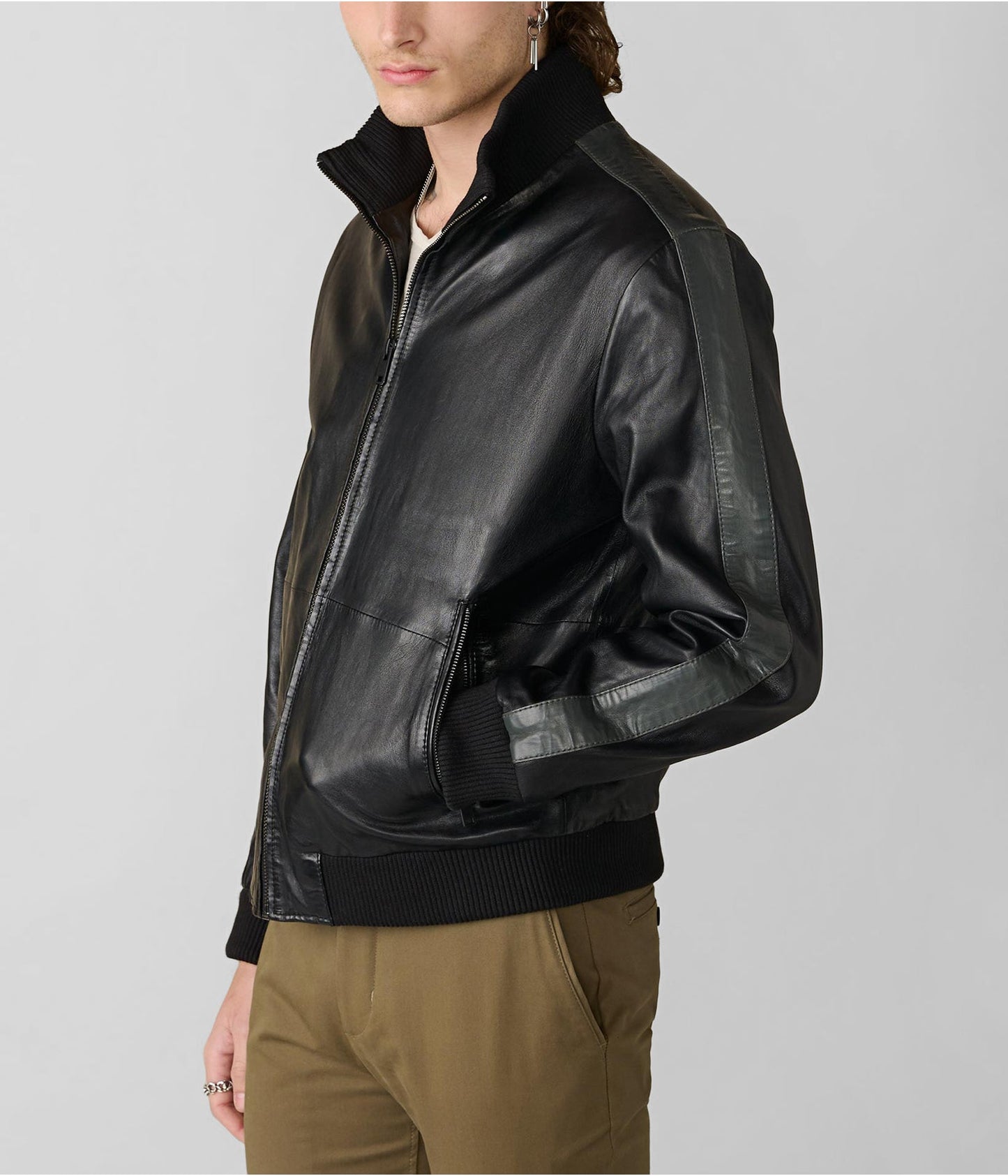 Men's Classic Black Leather Bomber Jacket with Stripes