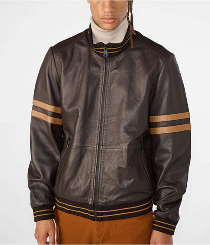 Men's Dark Brown Leather Bomber Jacket with Stripes by Avanzar