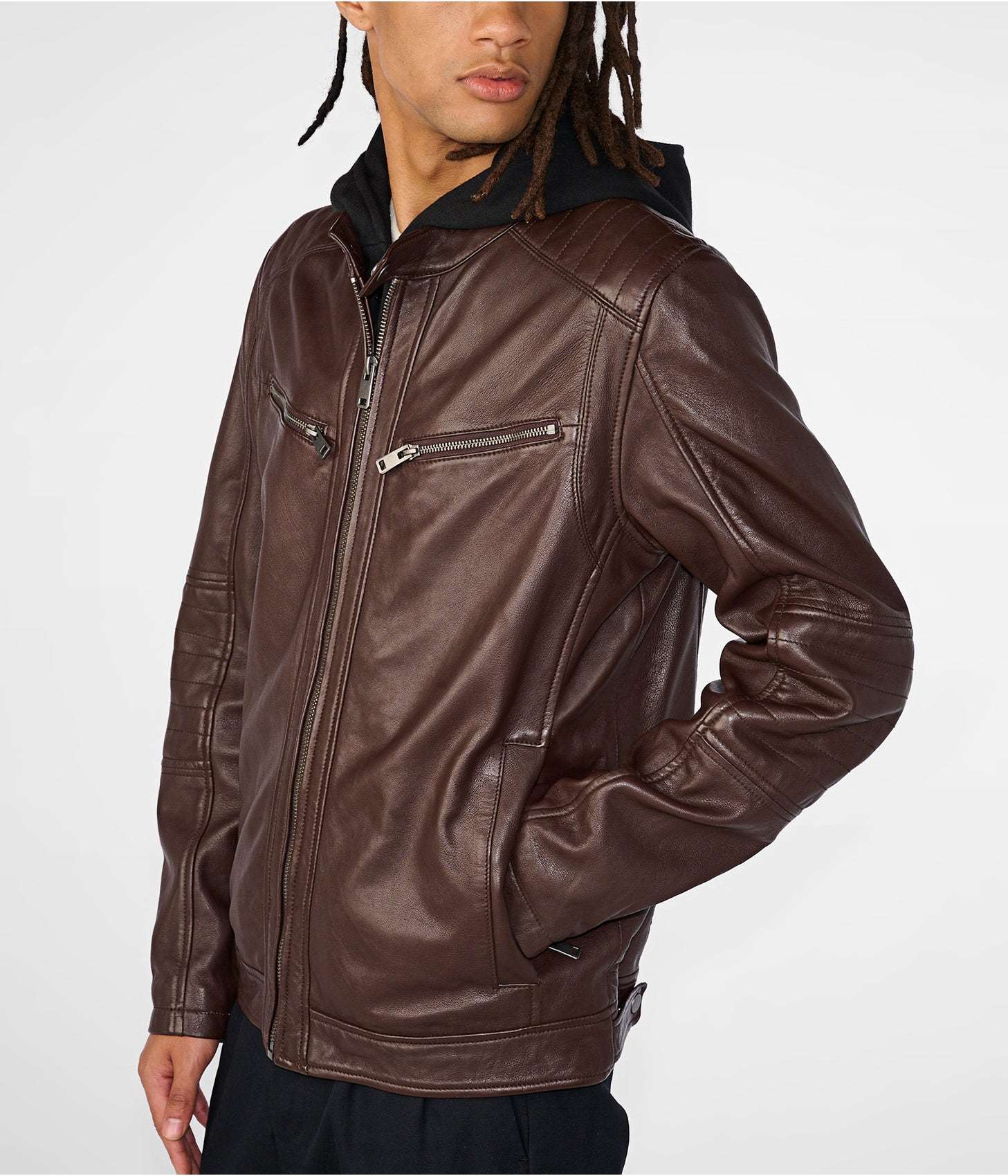 Men's Dark Brown Leather Cafe Racer Moto Jacket by Avanzar