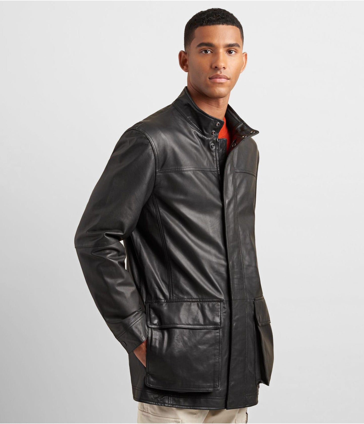 Men's Black Leather Coat with Patch Pockets