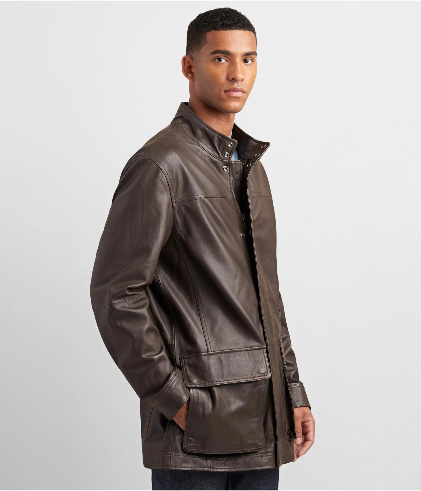 Men's Dark Brown Leather Coat with Patch Pockets