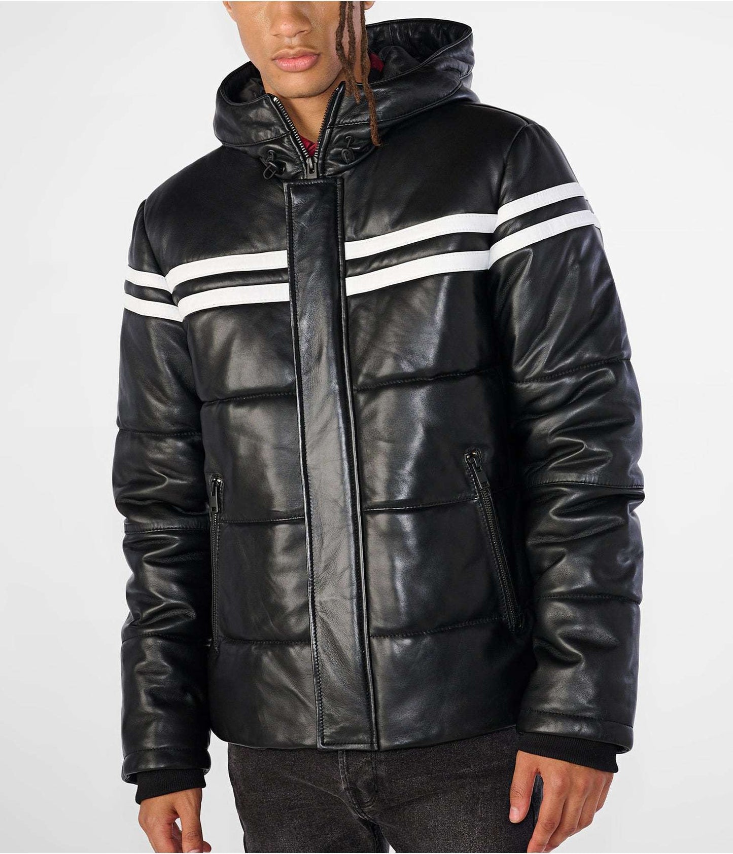 Men's Black Leather Hooded Puffer Jacket