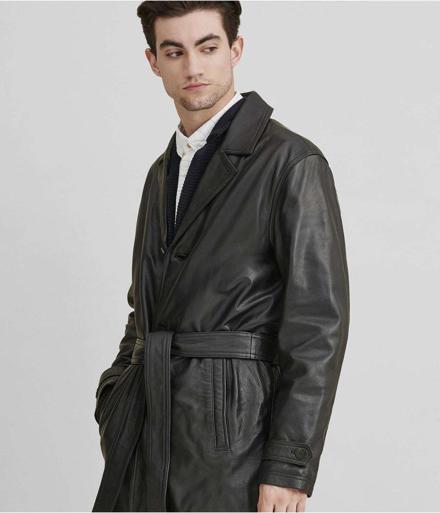 Men's Black Belted Leather Trench Coat