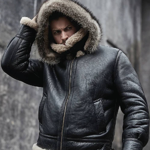 Men's Shearling Aviator Parka Leather Jacket in Black