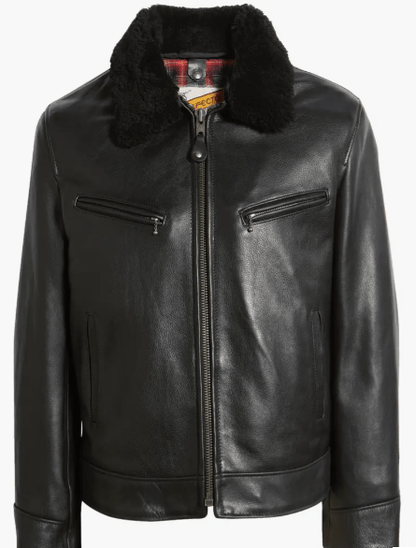 Men's Black Sheepskin Leather Jacket with Removable Shearling Collar