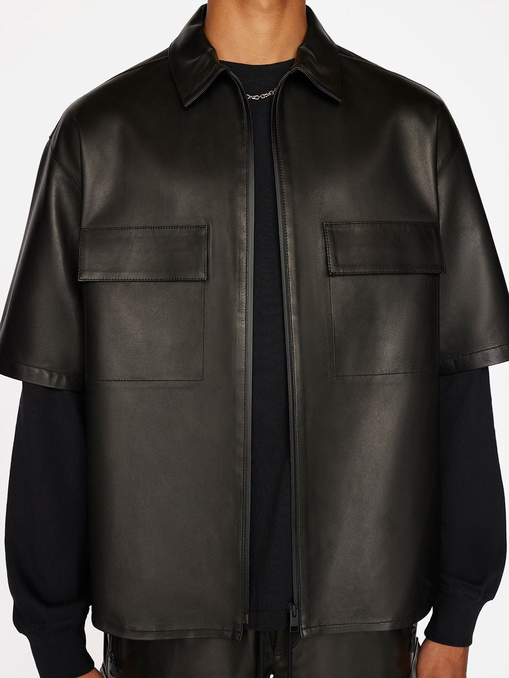 Men's Black Half Sleeve Leather Shirt