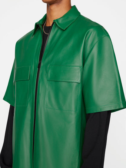 Men's Dark Green Half Sleeve Leather Shirt