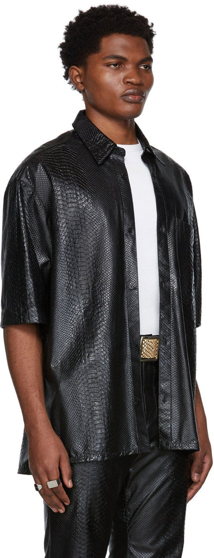 Men's Black Snake Print Leather Shirt