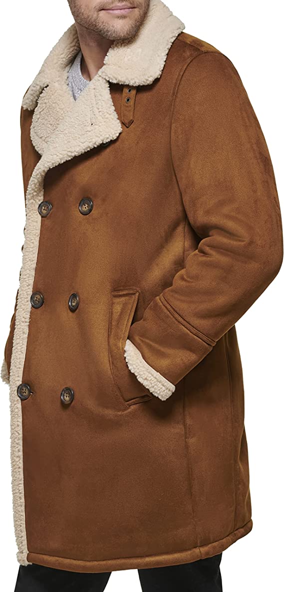 Men's Tan Brown Suede Leather Shearling Coat