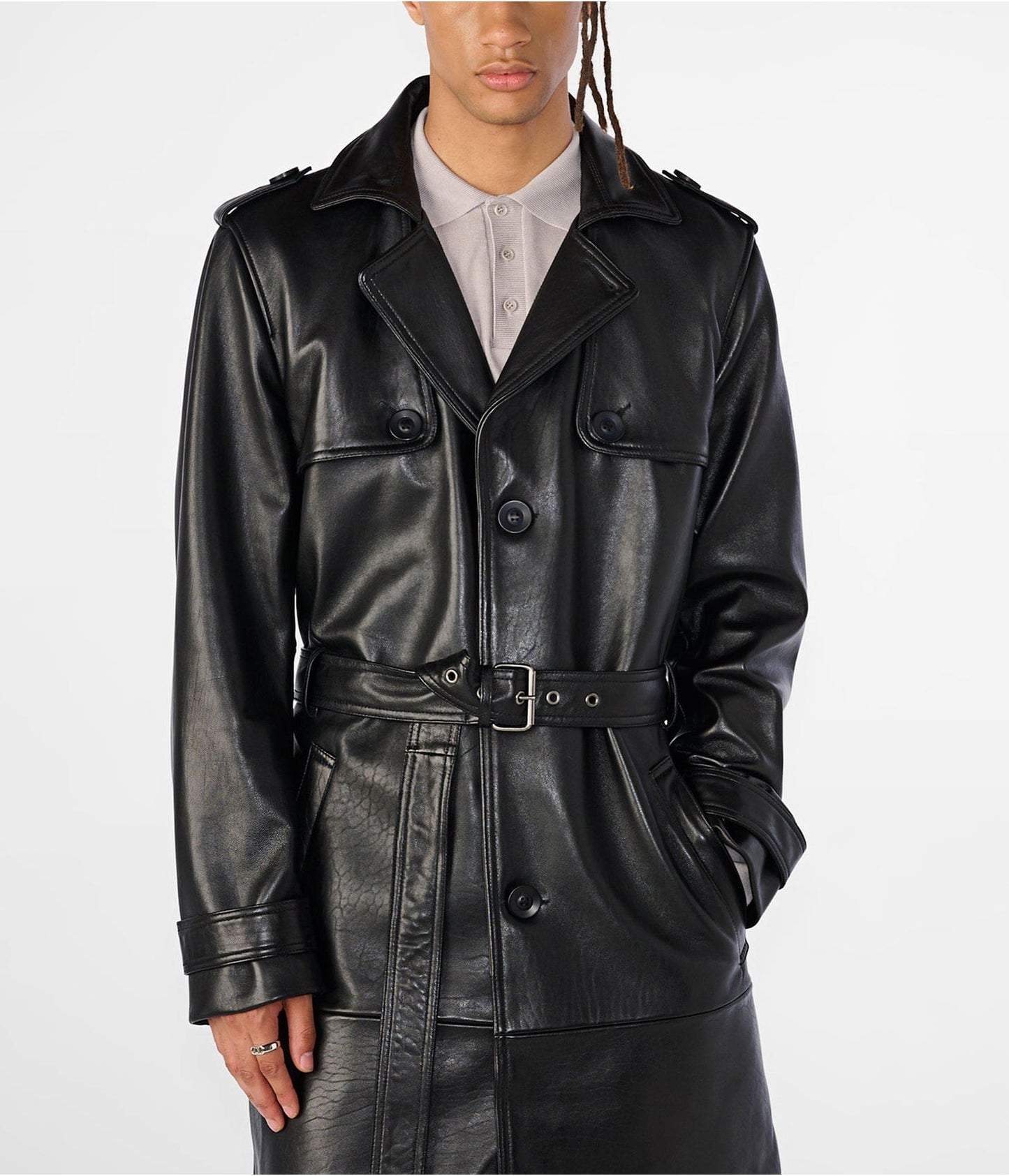 Men's Black Belted Trench Leather Coat