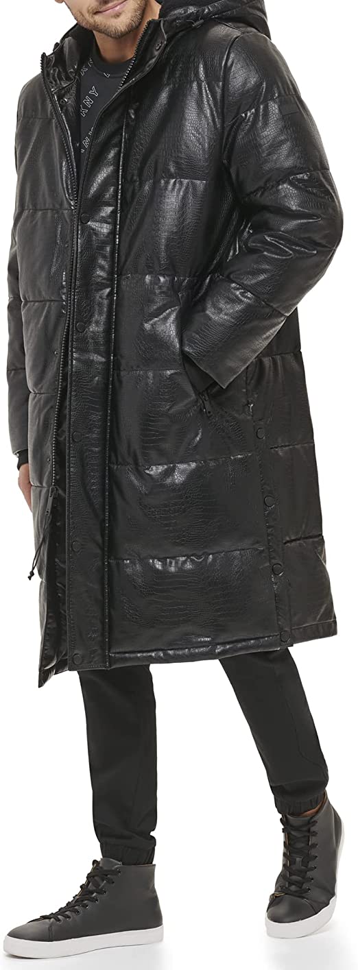 Men's Black Snakeskin Texture Trench Puffer Leather Coat