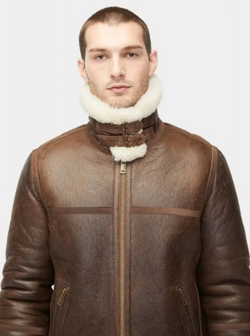 Men's Dark Brown Sheepskin Leather Jacket with White Fur