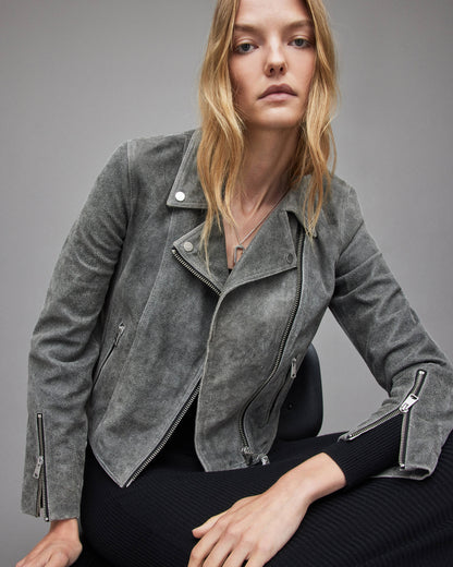 Women's Gray Suede Leather Biker Jacket