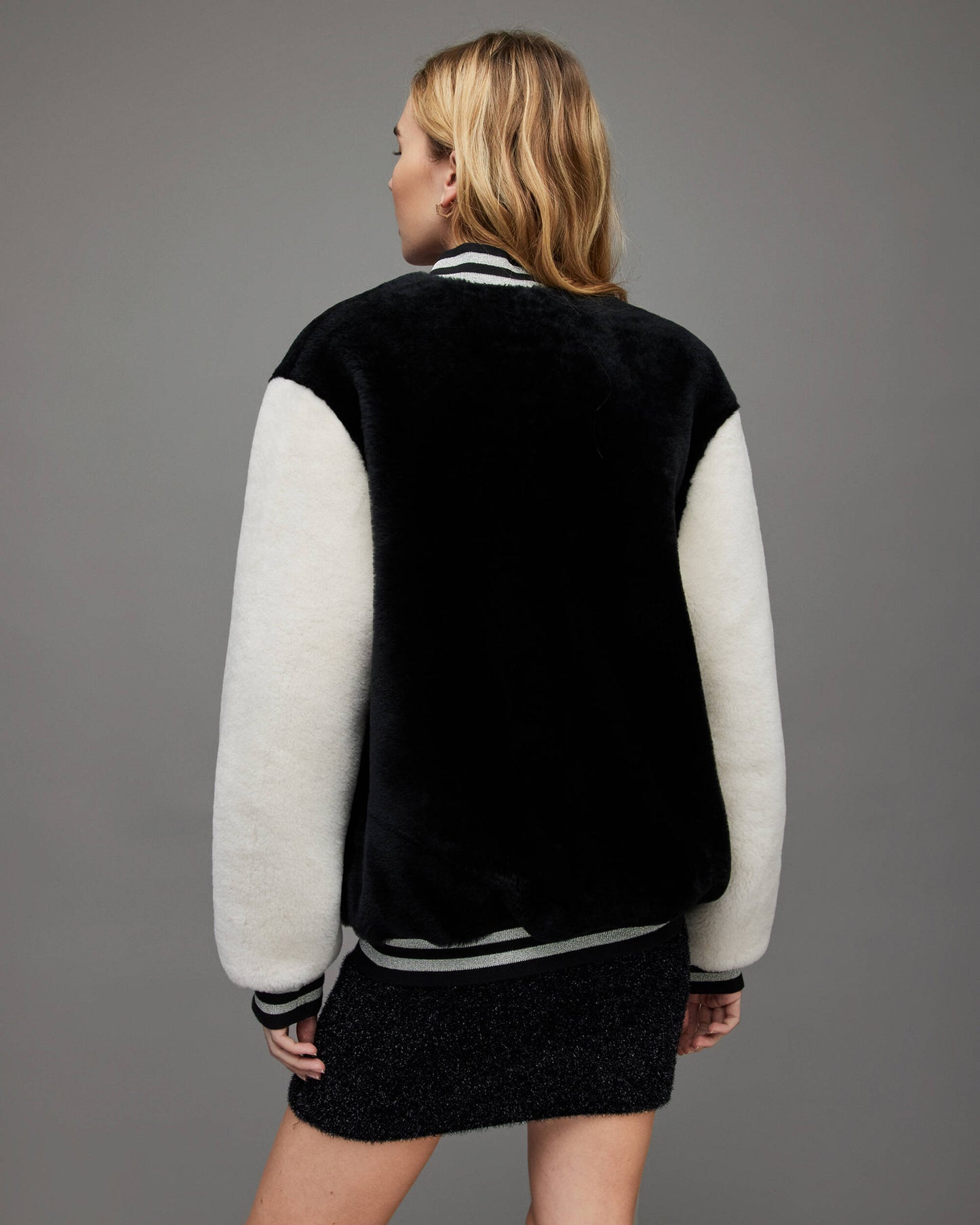 Women's White & Black Shearling Bomber Jacket - Stylish and Warm