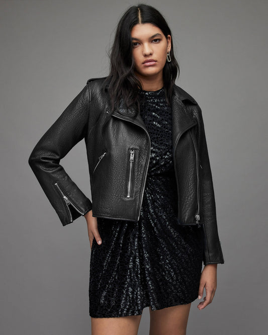 Women's Black Snake Print Leather Biker Jacket