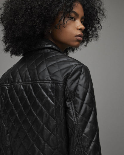 Women's Black Quilted Leather Bomber Jacket