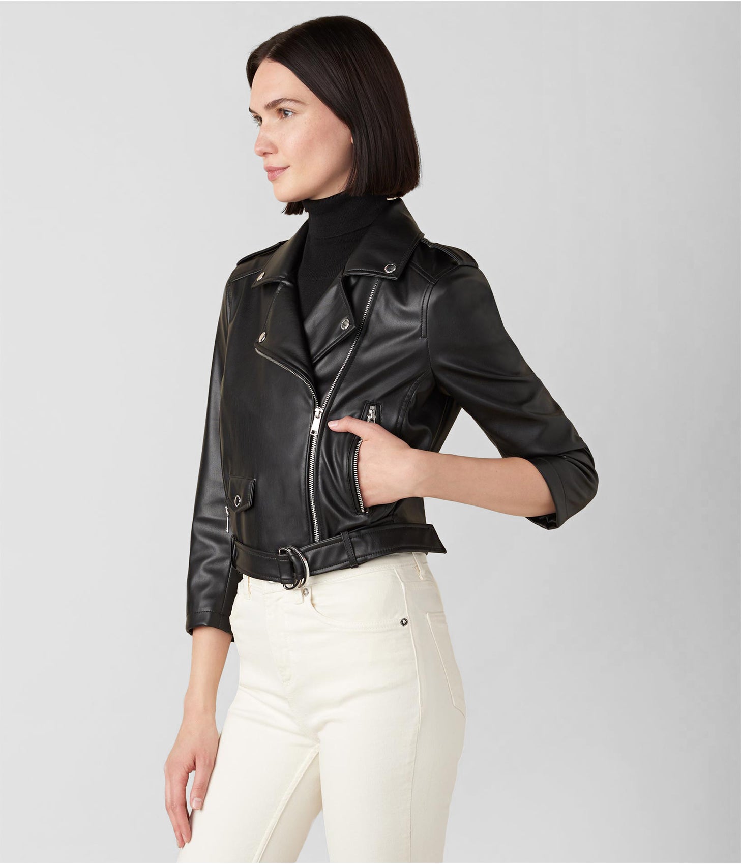 Women's Black Biker Leather Jacket with 3/4 Sleeves