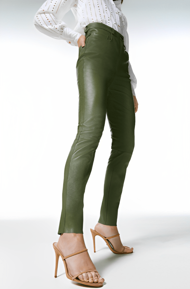 Women's Khaki Leather Pants with Tailored Fit