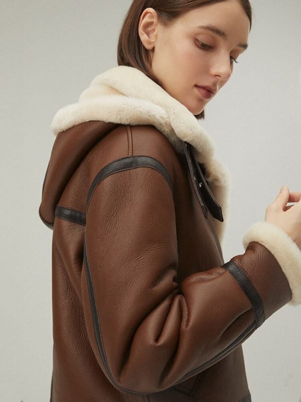 Women's Dark Brown Leather Shearling Jacket with Removable Hood