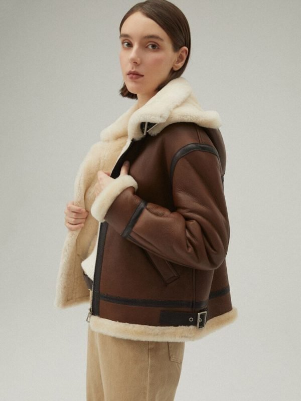 Women's Dark Brown Leather Shearling Jacket with Removable Hood