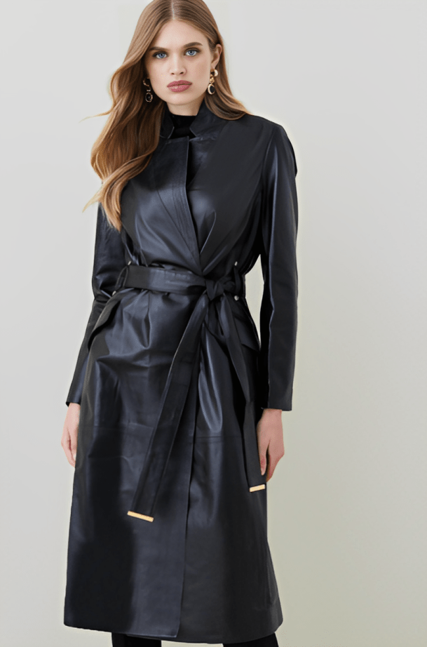 Women's Black Leather Trench Coat