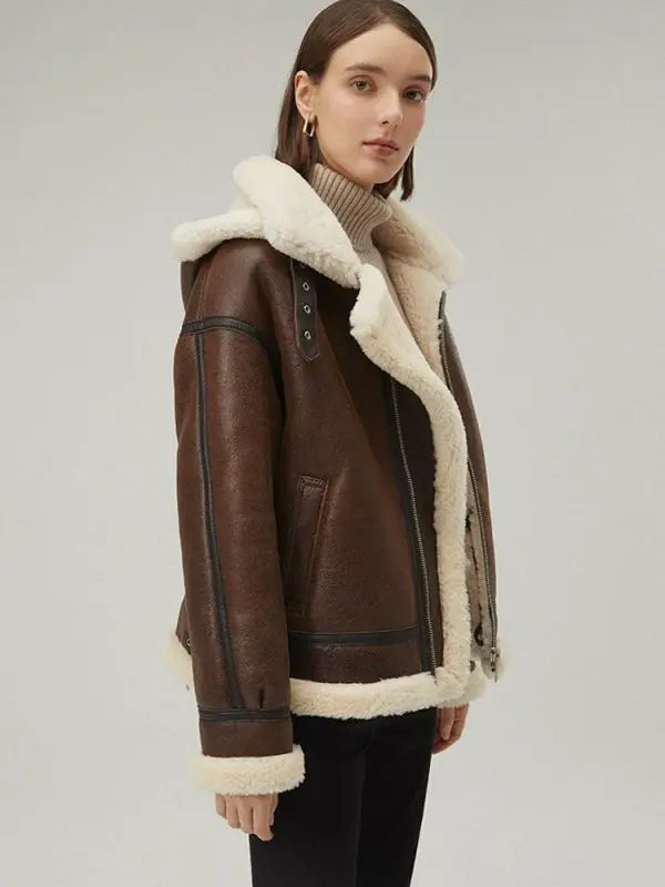 Women's Dark Brown Shearling Leather Jacket with Removable Hood