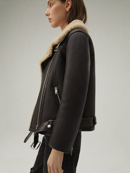 Women's Matte Black Leather Shearling Jacket