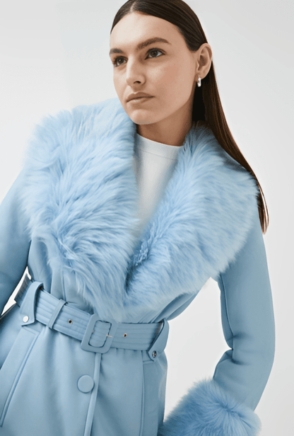 Women's Sky Blue Shearling Leather Trench Coat with Elegant Design