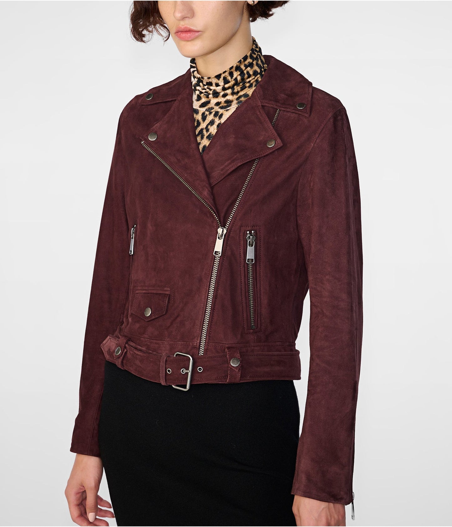 Women's Maroon Suede Leather Biker Jacket – Stylish & Sophisticated