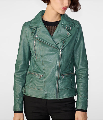 Women’s Distressed Leather Biker Jacket in Sea Green