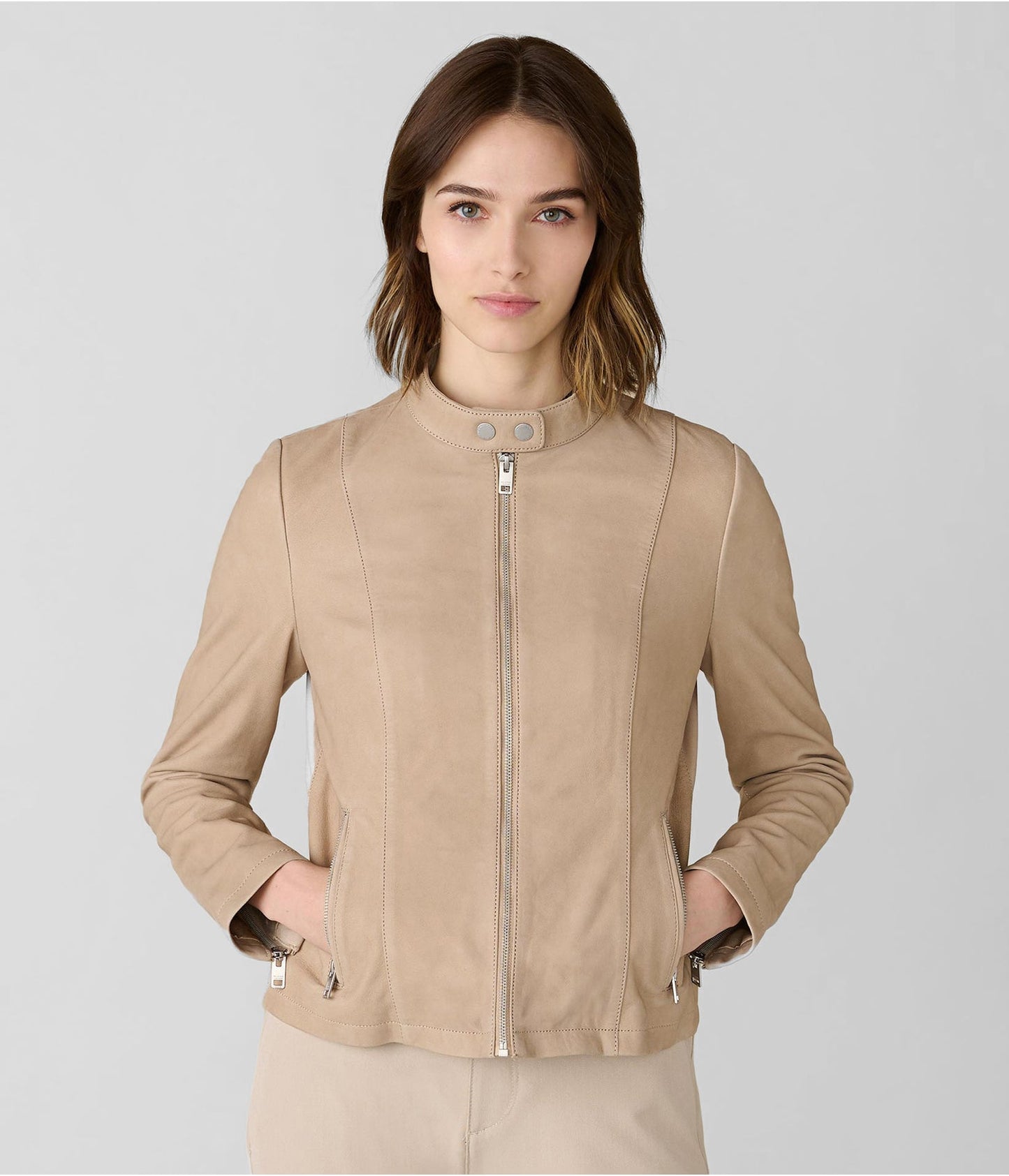 Women's Beige Leather Moto Jacket