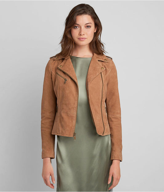 Women’s Suede Leather Moto Jacket in Tan Brown