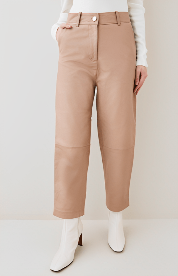 Women's Beige Leather Pants with Modern Fit