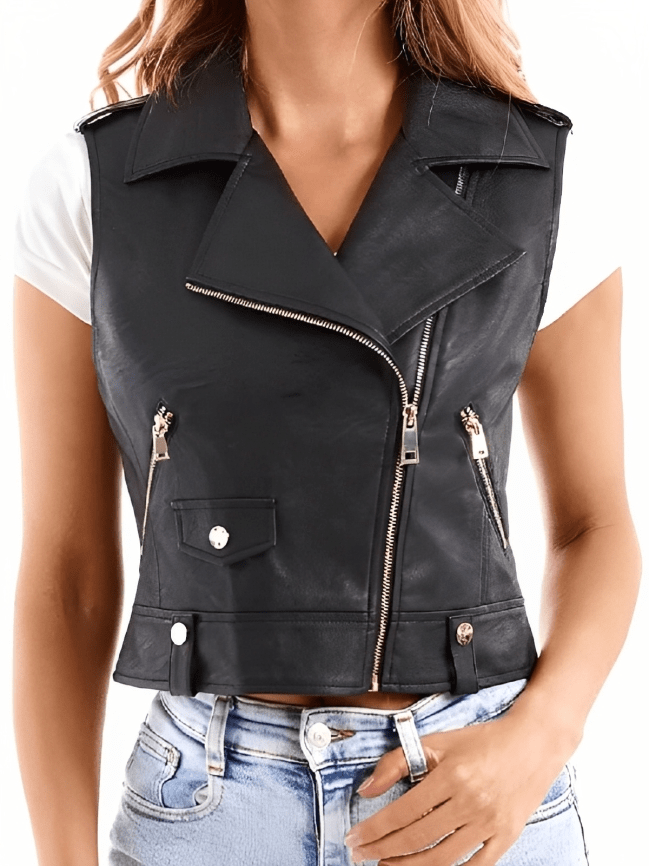 Women's Black Leather Biker Vest