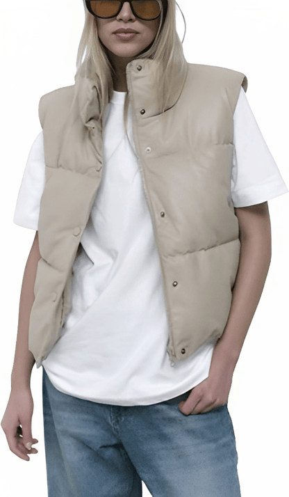 Women's Beige Puffer Leather Vest 