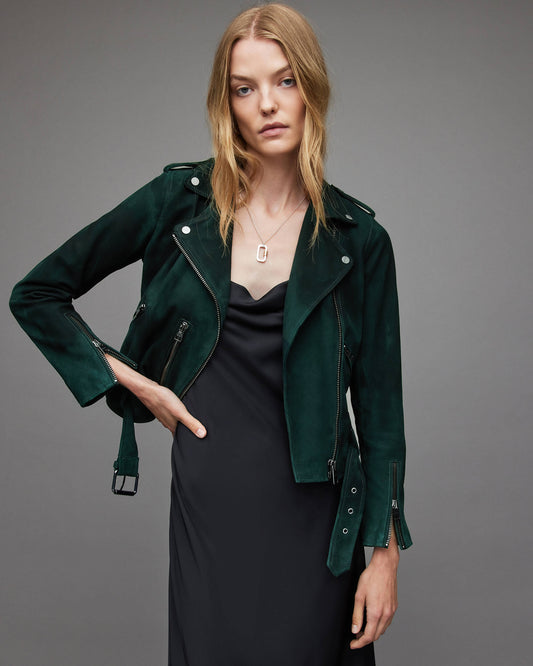 Women's Royal Green Suede Biker Leather Jacket With Belt