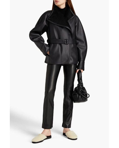 Women's Black Shearling Leather Jacket with Belted Waist - Elegant and Tailored