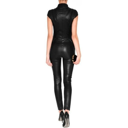 Sleek Black Women's Bodycon Leather Jumpsuit 