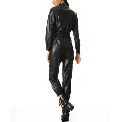 Daring Black Women's Bodycon Leather Jumpsuit with Smoked Waist