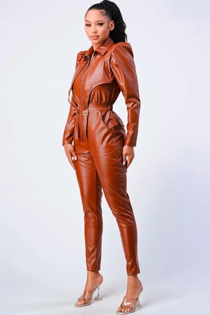 Stylish Brown Women's Bodycon Leather Jumpsuit