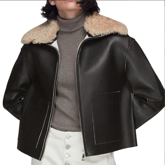 Women's Black Leather Jacket with Brown Sheepskin Fur - Chic and Cozy