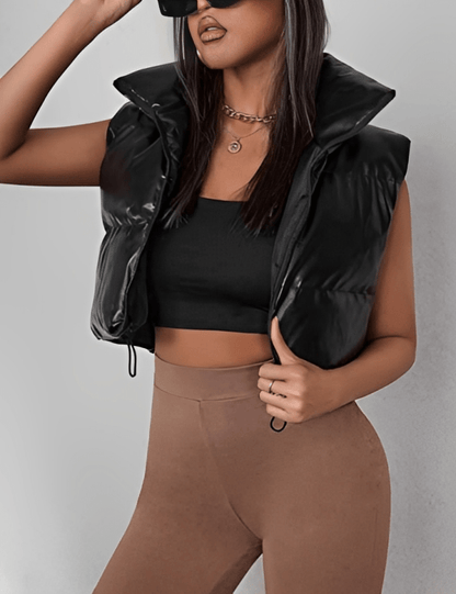 Women's Black Cropped Puffer Leather Vest