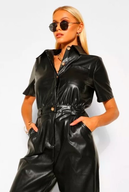 Sophisticated Black Women's Half Sleeves Leather Jumpsuit