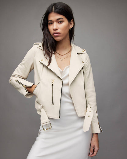 Women's Beige Leather Biker Jacket with Belt