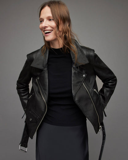 Women's Black Leather Biker Jacket with Belt