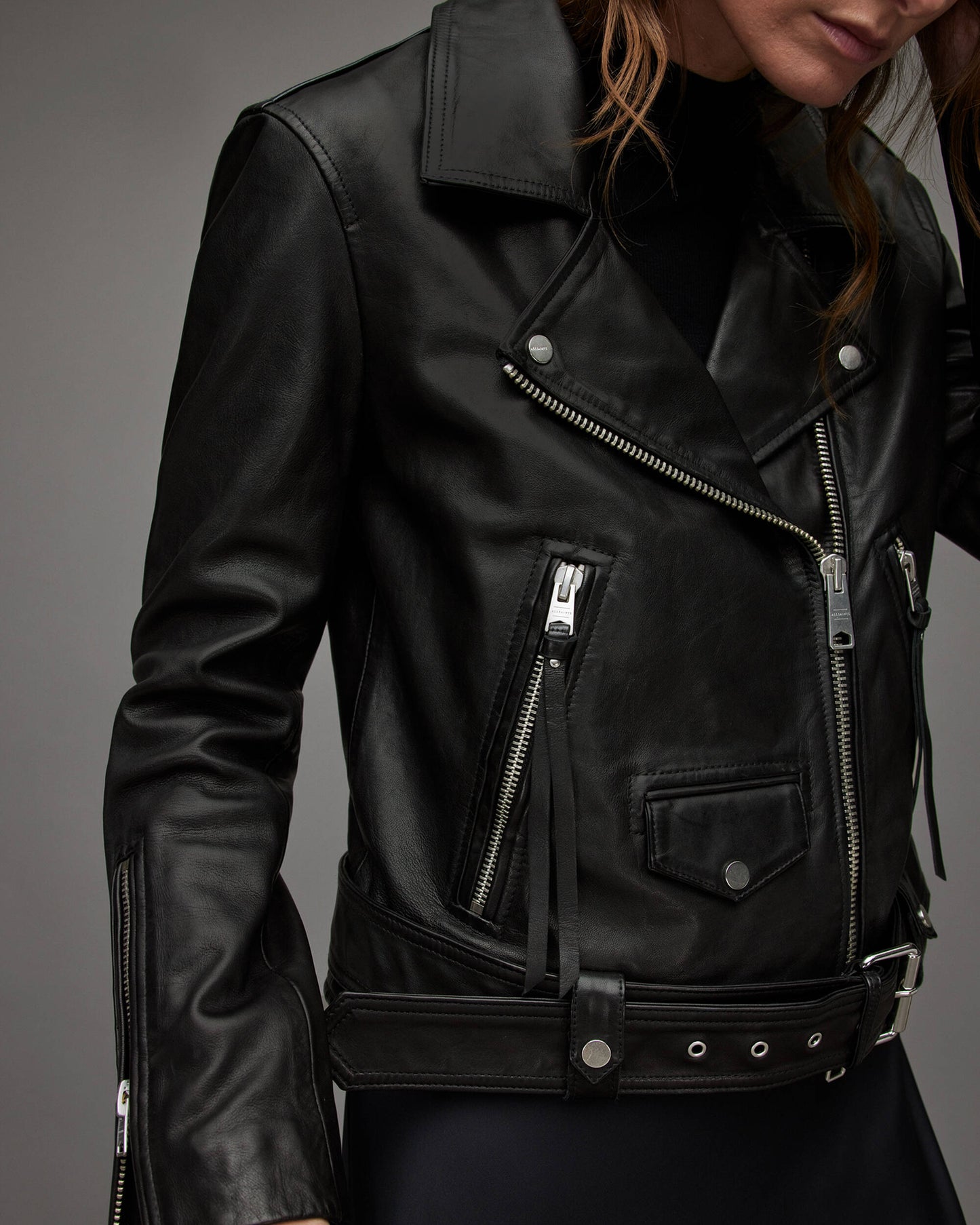 Women's Black Leather Biker Jacket with Belt