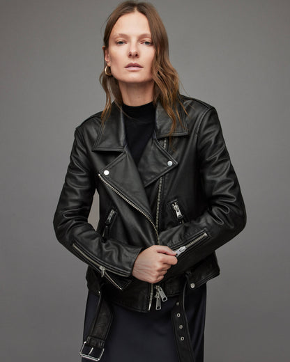 Women's Black Leather Biker Jacket with Belt